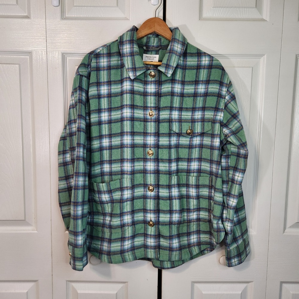 American Eagle Green Plaid Flannel Shacket Gold Crest Button Shirt Jacket Large
